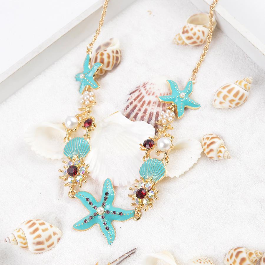 Women's Beach Vacation Necklace, Enamel Starfish, Coral ,Shell Pendant with Rhinestones ,Faux, Golden Tone Chain