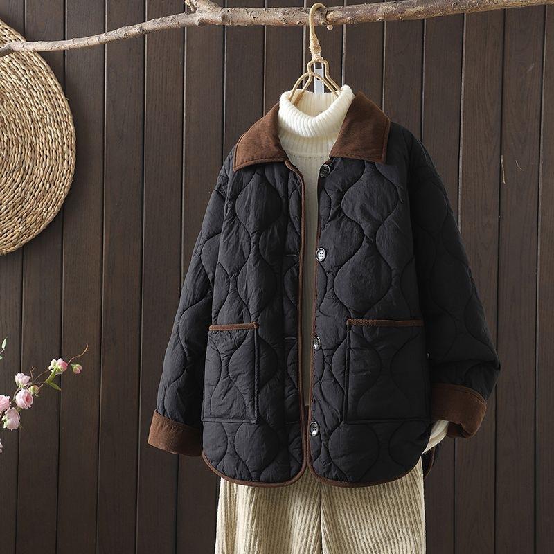 Autumn Down Cotton Padded Jacket Women's Contrast Lapel Rhombic Thin Short Loose Spring Cotton Padded Casual Coats Female
