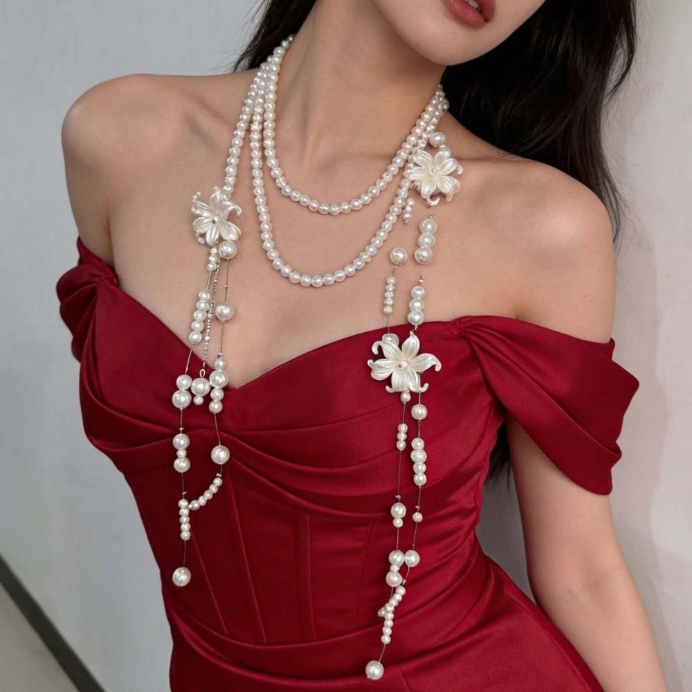 Balletcore Style Multilayer Choker Chain Faux Pearl Stacked Flower Choker  Wedding Bridal