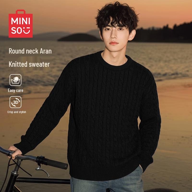 MINISO Men's American Retro Cable Knit Crew Neck Sweater
