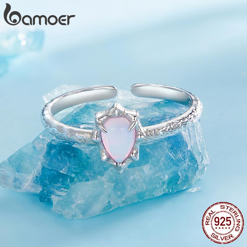 BAMOER 925 Sterling Silver Aurora Opal Solitaire Ring, Gold Plated Adjustable Finger Rings Dainty Chic Jewelry
