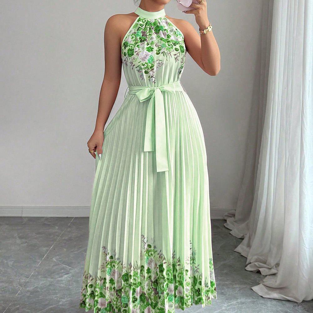 2025 European & American Style Women's Printed Pleated Long Dress