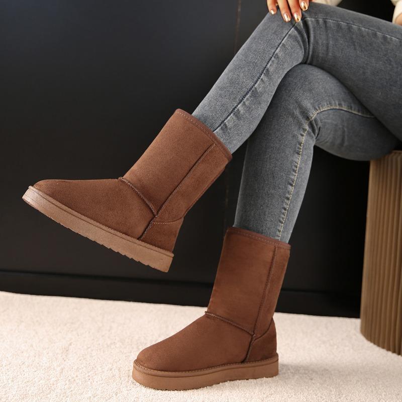 Women's New Autumn Winter Faux Short Fur Slip on Round Toe Flat Rubber Mid Calf Snow Boots