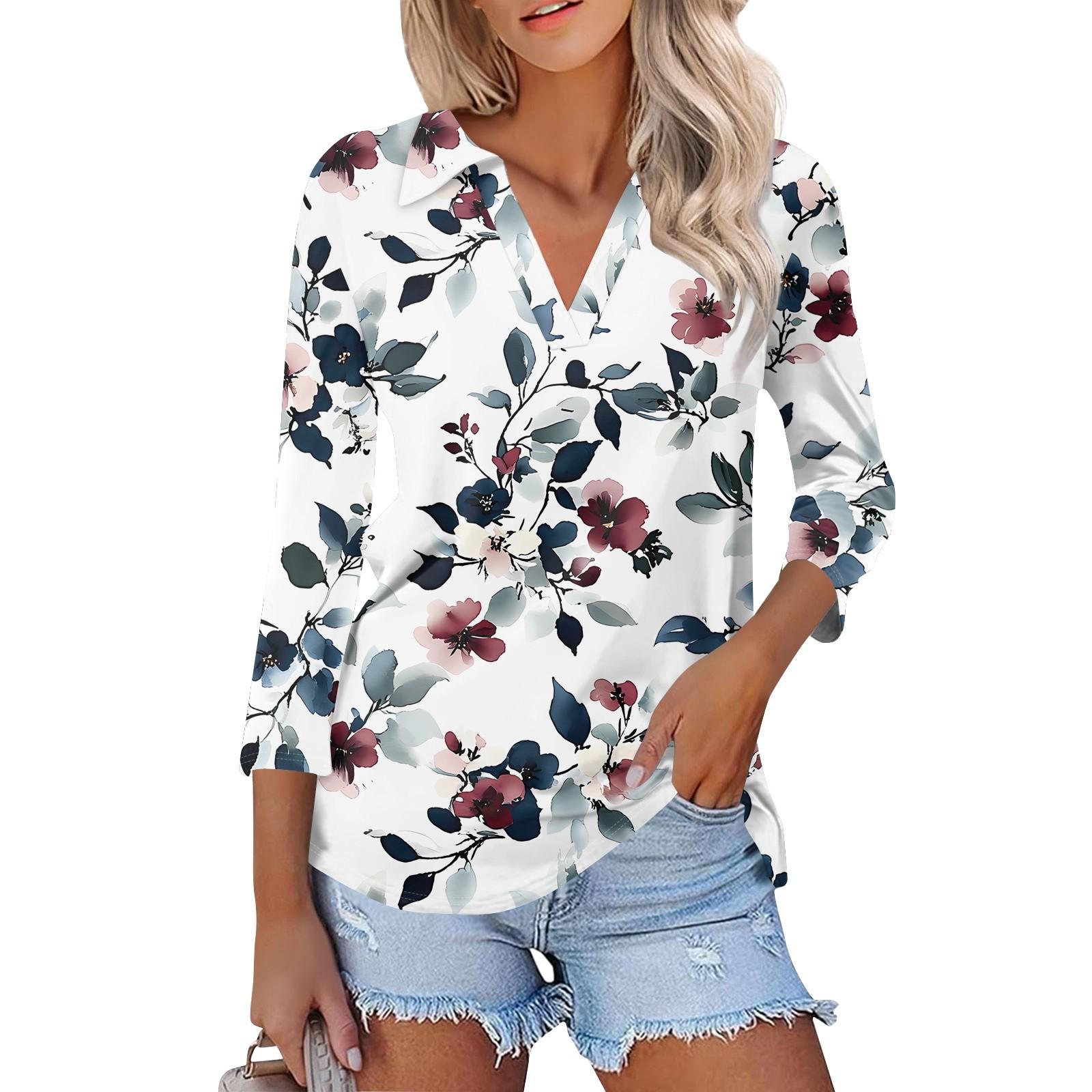 

Women s Fashion Casual Lapel 3/4 Sleeve Printed Shirt Women s V Neck Up Tops L