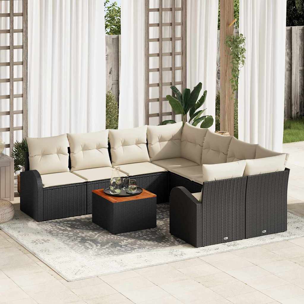 9 Piece Garden Sofa Set with Cushions Black Poly Rattan