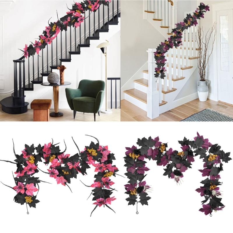 Flexible Artificial Maples Leaf Stem Halloween Decoration Black Silk Leaves for Fireplaces and Window Displays