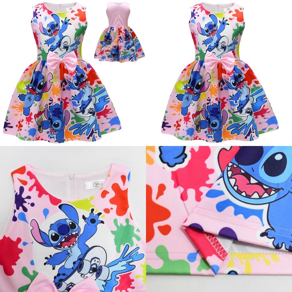 Vestido de Menina Lilo Stitch Com Laço de Borboleta Poliéster Algodão Para Primavera Outono Brincadeiras