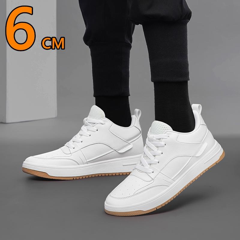 Men's Genuine Leather Elevator Casual Shoes Breathable Black/White Height Increasing Sneakers Sports 6cm Tall Shoes