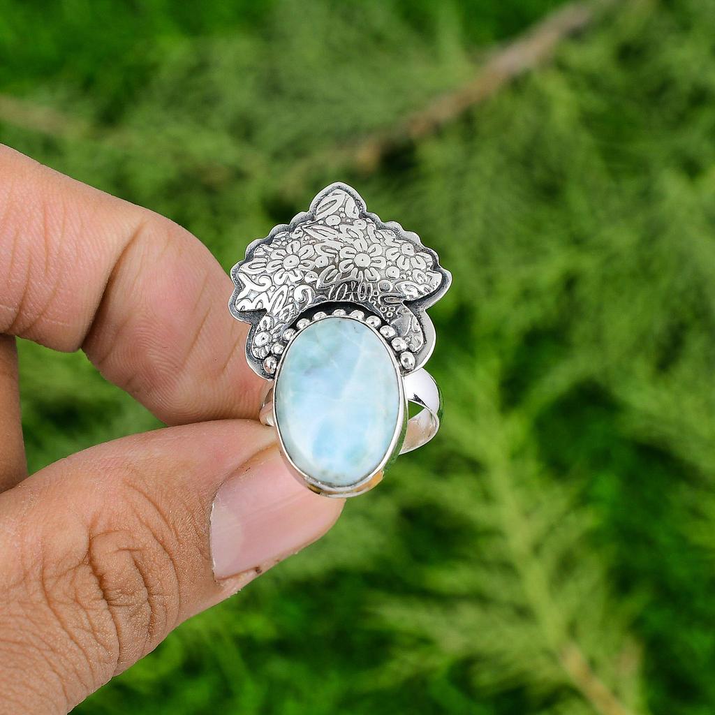 Easter Sale Natural Larimar 925 Sterling Silver Promise Statement Ethnic Ring