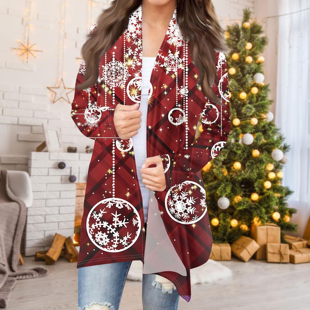 Dame Mote Casual Jul Print Medium Lengde Cardigan Jakke Kåpe