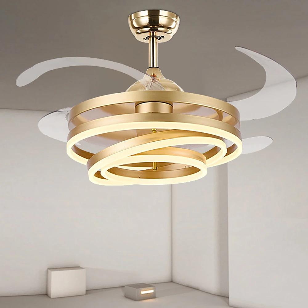 Modern Living Room Ceiling Fan with Lights Intelligent Ceiling Fan Retractable Blades LED Light Remote Dimming Home Decoration