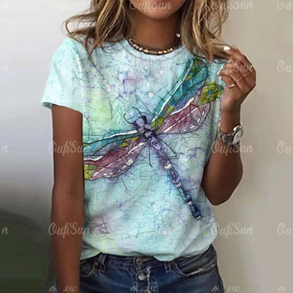 2024 Fashion Women's Short Sleeve Women's T-Shirt Dragonfly Print Fashion T-Shirt for Women Basic Casual Women's Oversized Top