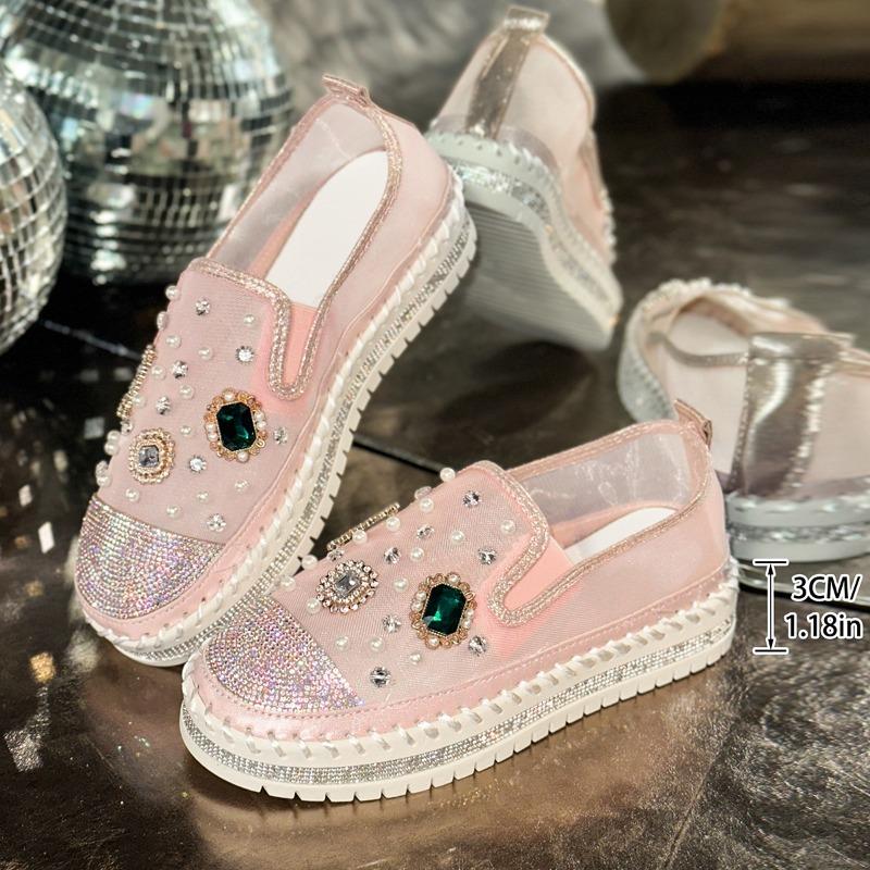 Platform Loafers Women Summer Mesh Breathable Mesh New Rhinestone Pearl Heighten Slip-On Pink Single Shoes