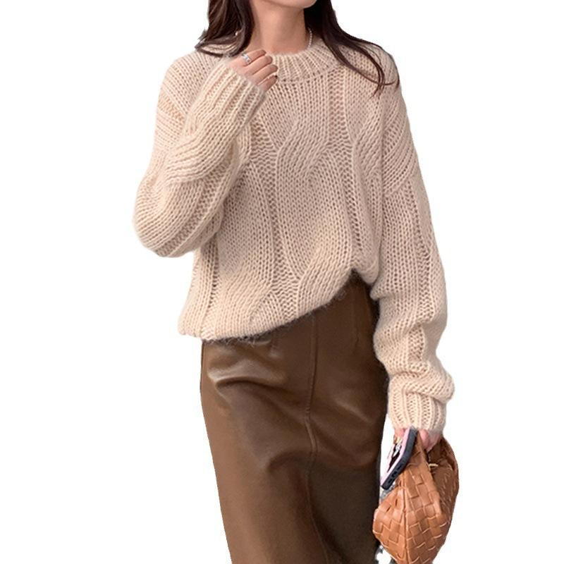 Soft Waxy Lazy Round Neck Twist Coarse Needle Sweater Women's Autumn and Winter Temperament Gentle Solid Color Top Knitted Sweater Loose