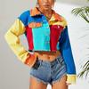 Veste en jean pour femme Printemps Automne Courte Vêtements d'extérieur Hauts à manches longues Mode Blousons Colorblock Contrastés