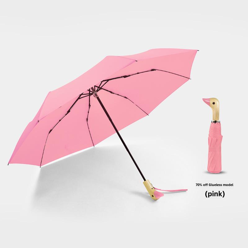 Creative Duck Head Umbrella: Stylish Black with Wooden Handle, Sun Protection, Dual-Purpose for Rain or Shine.