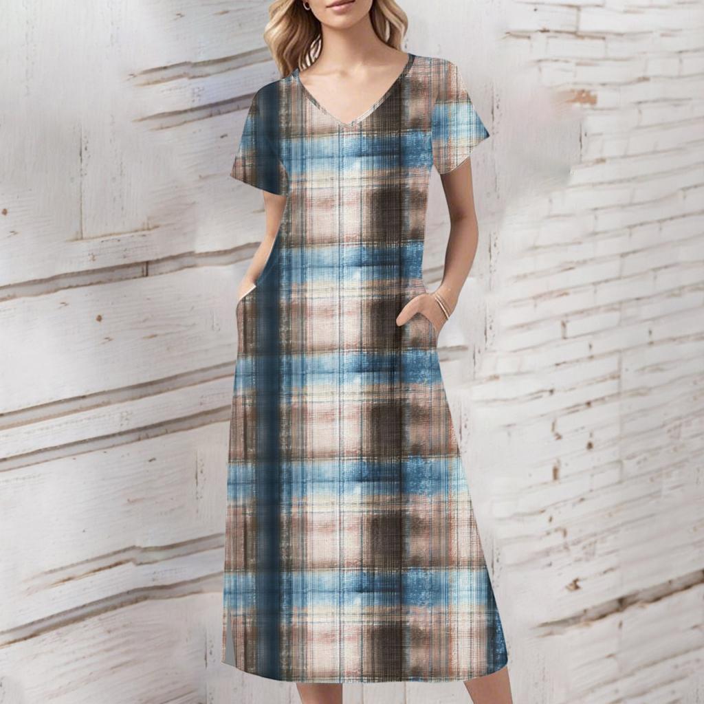 Dámské letní retro šaty s potiskem, s krátkým rukávem, plážové šaty s kapsami, ležérní šaty s výstřihem do V, lem s jedním bočním rozparkem