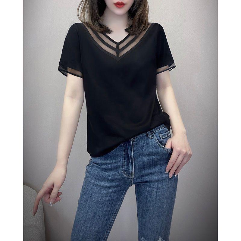 Camiseta Feminina de Verão com Decote em V, Manga Curta, Patchwork de Renda, Tops Casuais Pretos
