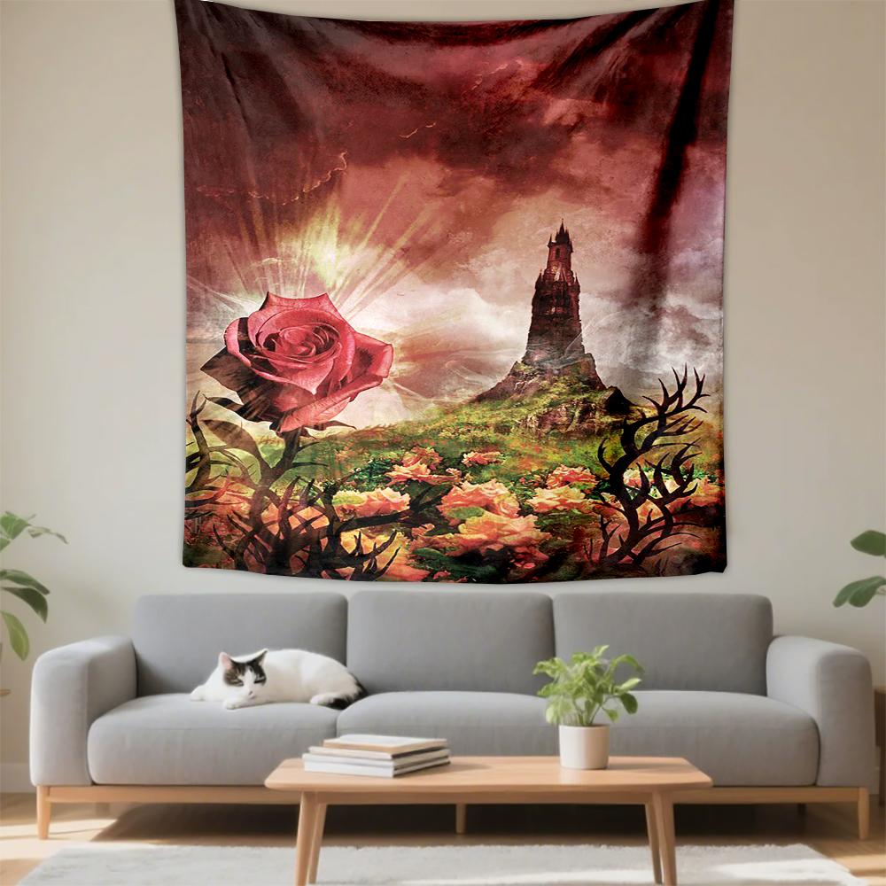 Tapestry The Dark Tower Single Red Rose Foreground Tower Green Hill Pink Red Dramatic Sky Art