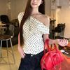 Retro Beige Black Polka Dot Slim-Fit Short-Sleeved Sexy Skew Collar Off-Shoulder T-Shirt Summer Korean Style Fashion Casual Top