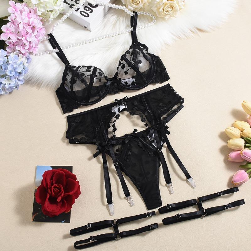 

Hot-selling flower embroidered bra complex sexy seduction lingerie S чёрный