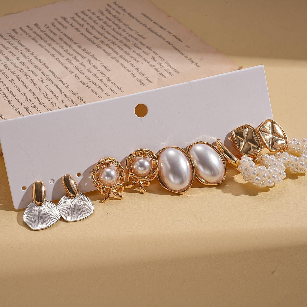 Ten-piece Set of Imitation Pearl Flower Oval Fan-shaped Silver Needle Stud Earrings Niche Earrings