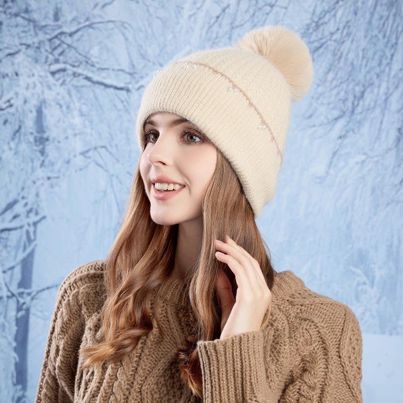 Winter Fashion Hairball Pearl Pullover Hat Outdoor Cold Protection Plush Warm Ear Protection Knitted Wool Hat Children