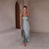 Elegant High Waist Backless Spaghetti Strap V Neck Ankle Length Solid Dress for Women with Design Sense
