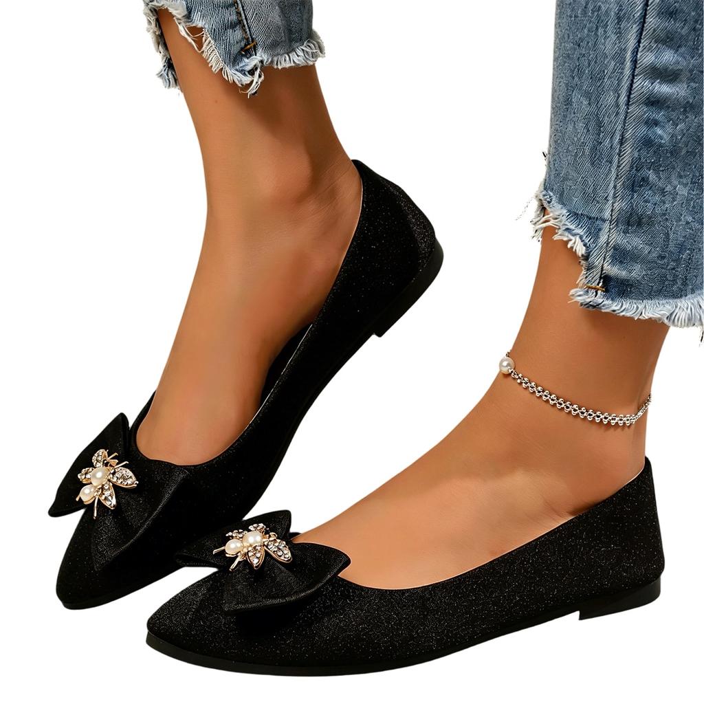 Women Casual Loafers Slip On Flats Pointed Toe Bowknot Decoration Rhinestone Embellishment Comfortable Large Size Footwear