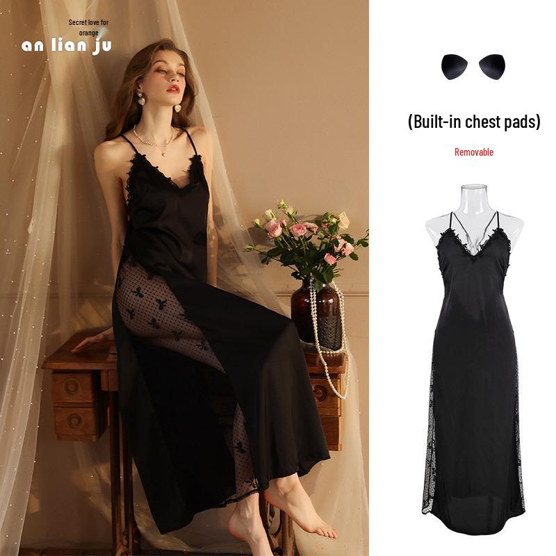 French-Style Backless Nightgown with Built-In Bra, Deep V-Neck, Spaghetti Straps, High Slit, and Mesh - Pure, Alluring, Sexy. Small чёрный