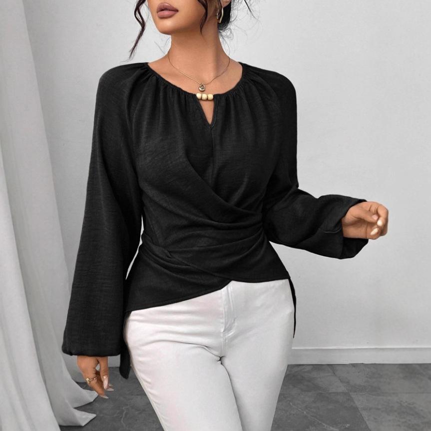 Autumn Ladies Strap-on Woven Irregular Hem Long-sleeved T-shirt