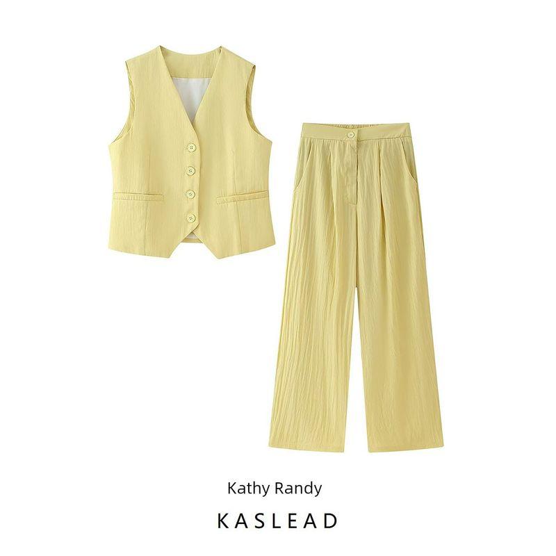 Kaslead New Women clothes Western Style Fashion Simple V-neck Single-Breasted Sleeveless Vest Trousers Set