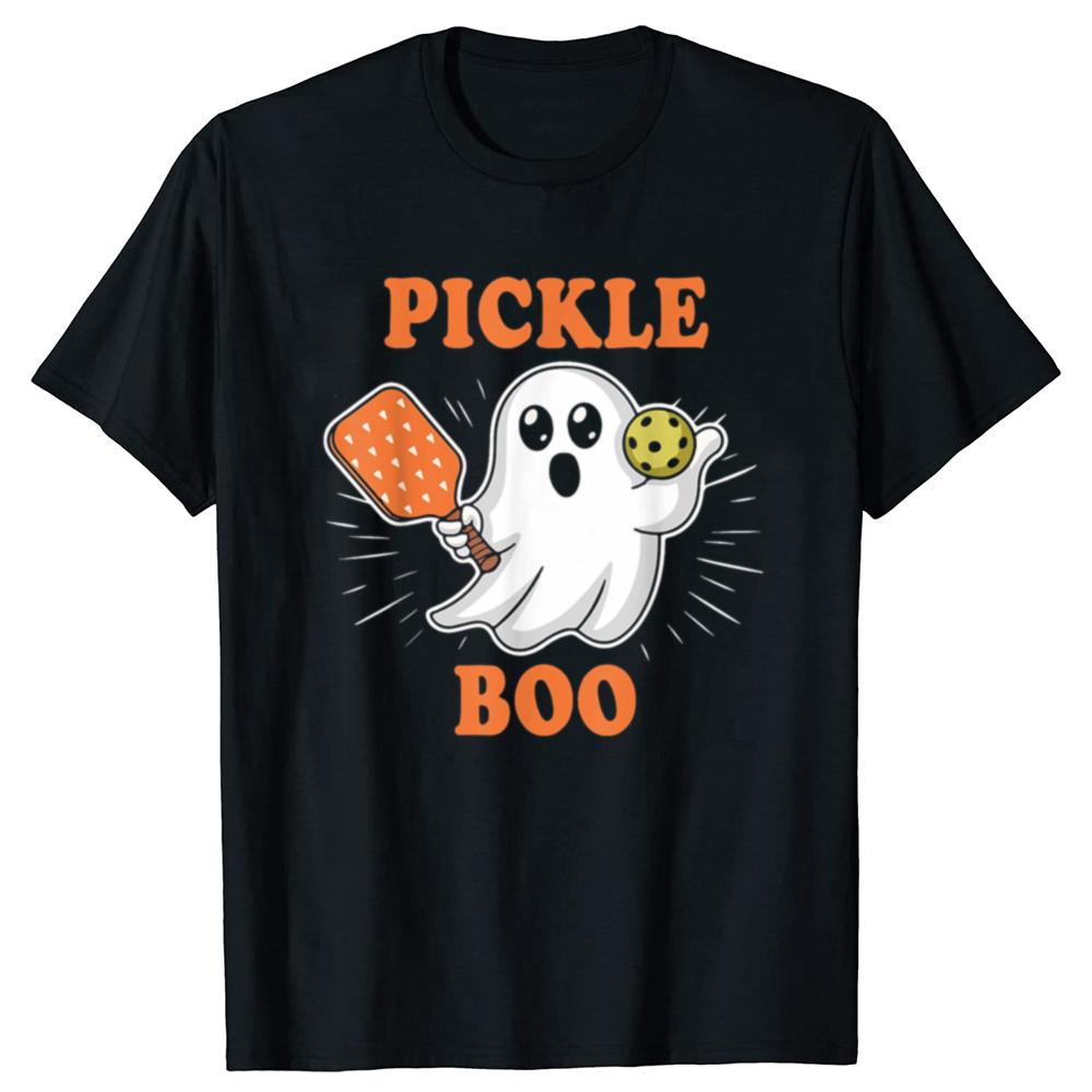 Funny Pickle-Boo Ghost Playing Pickleball Halloween T Shirts Men Cotton Humor Streetwear Tee Shirt Short Sleeve Unisex Clothing