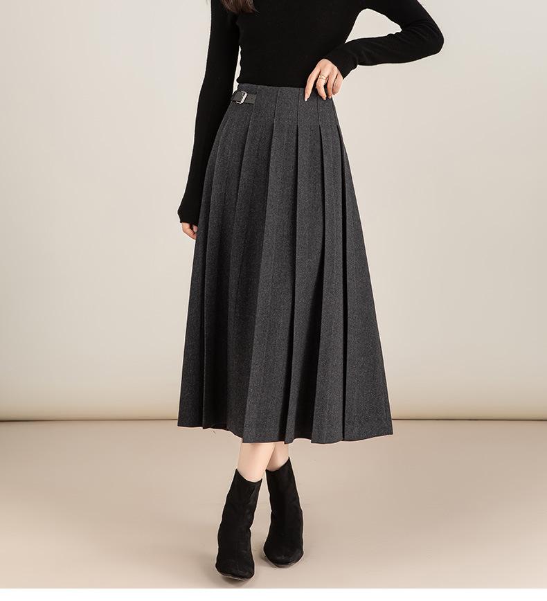 Women's High Waist A Line Midi Skirt No Stretch Wool Blend Pleated Winter Casual Skirt