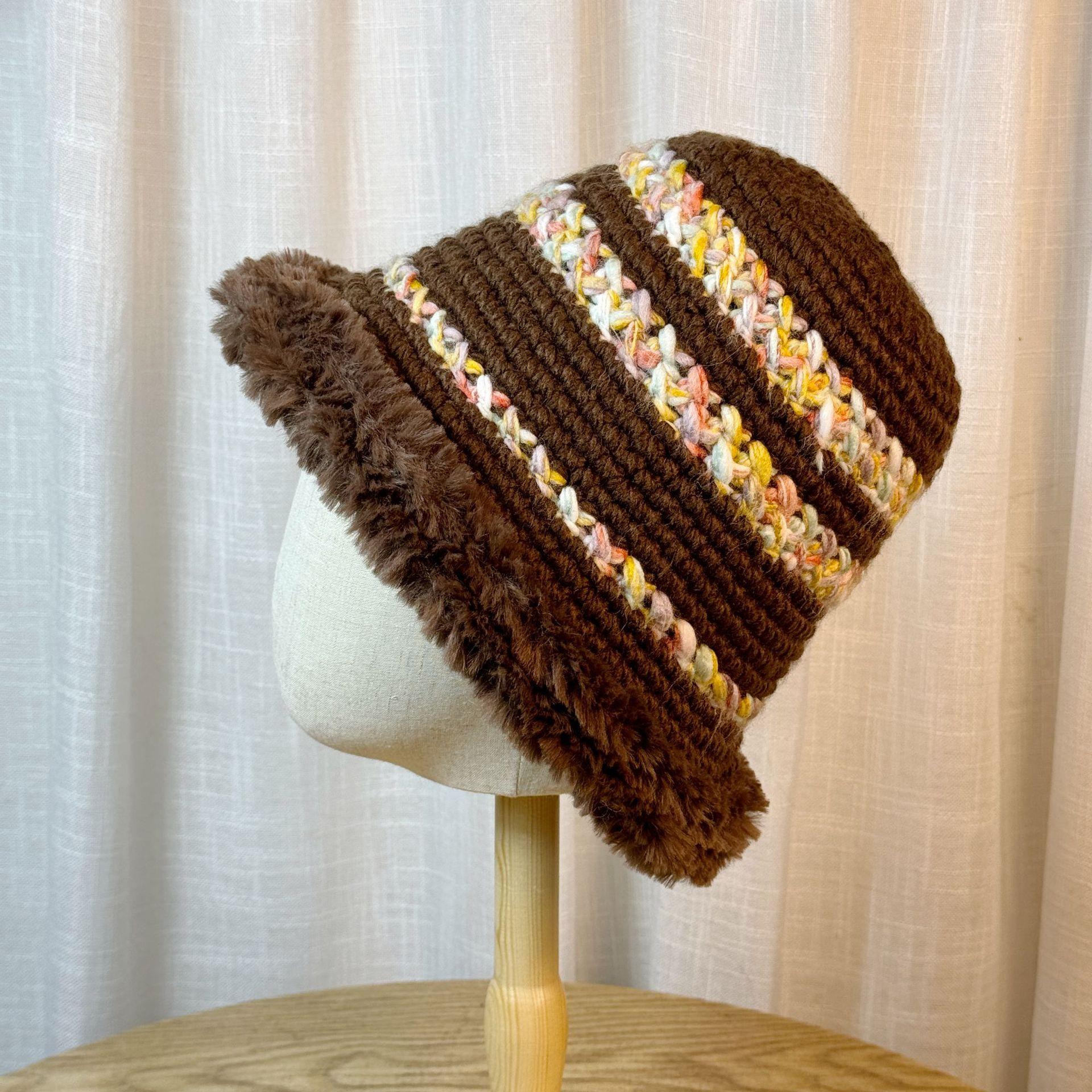 

Colorful Knitted Woolen Hat for Women in Winter Large Head Circumference Thickened Warm Plush Hat Versatile Face Showing Small Basin Hat one size