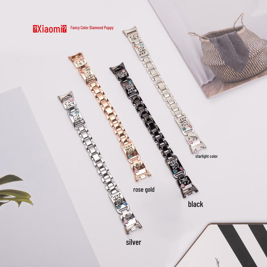Cute Puppy Bangle Strap for Xiaomi Mi Band 8/9, Huawei FIT4, Redmi 5 Metal-Color Diamond Chain