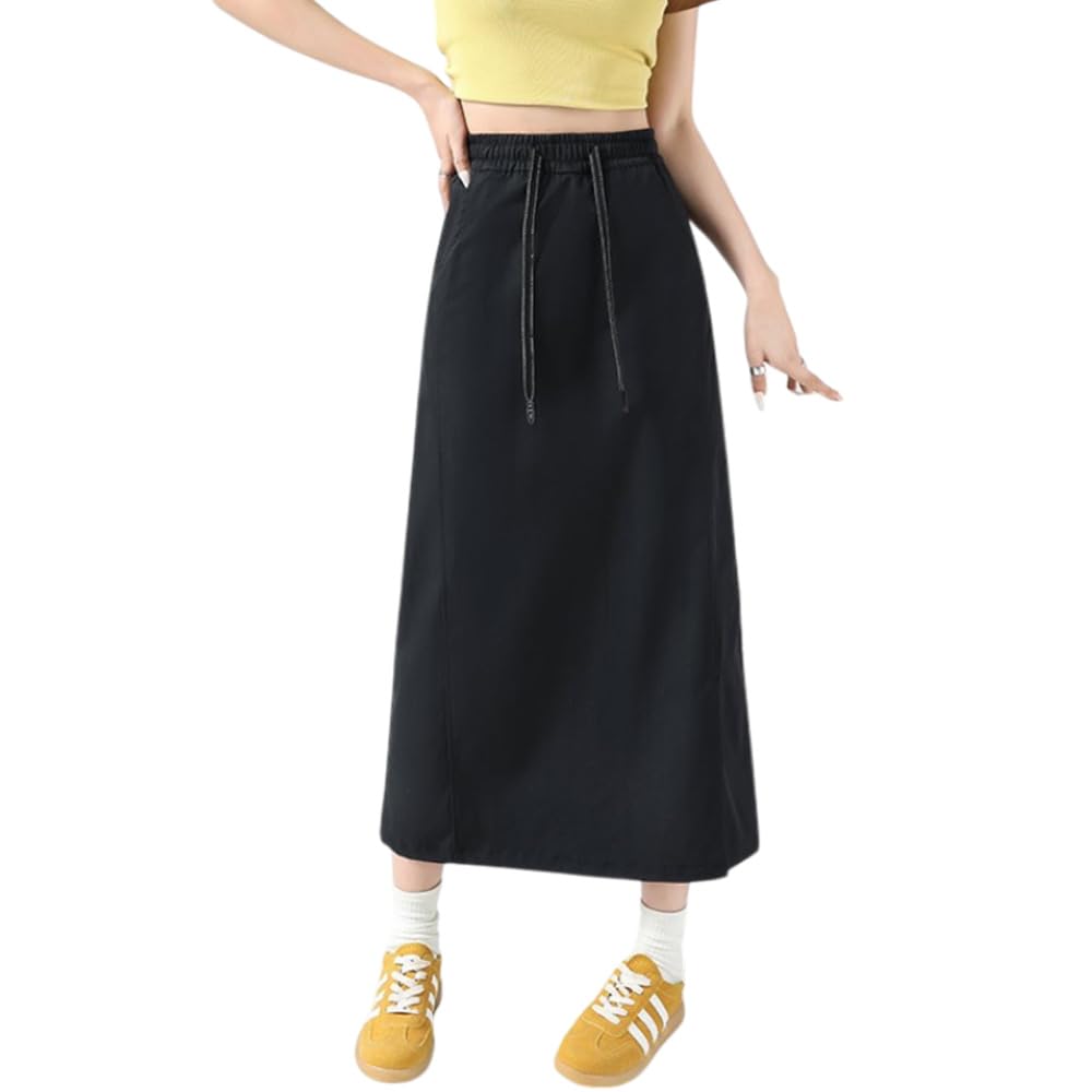 Minax Cargo Elastic Solid with Perfect for and Spring Women's Skirt, A-Line, Flattering, Long, Waist, Color, Leg-Slimming, Pockets, Outings, Summer,