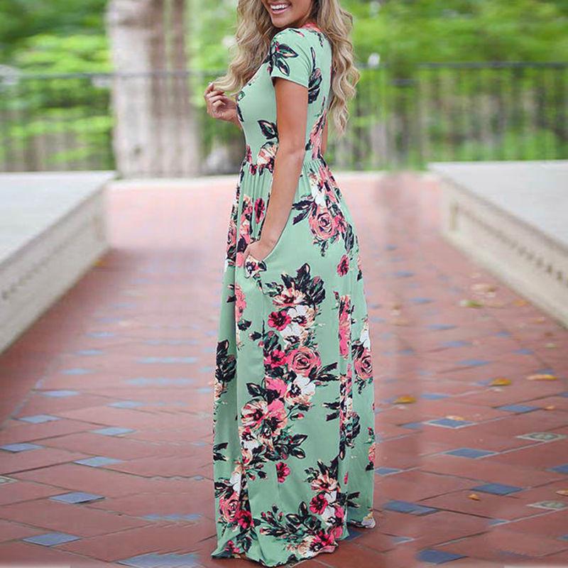 Boho květinový potisk s krátkým rukávem večerní párty ležérní dlouhé maxi šaty
