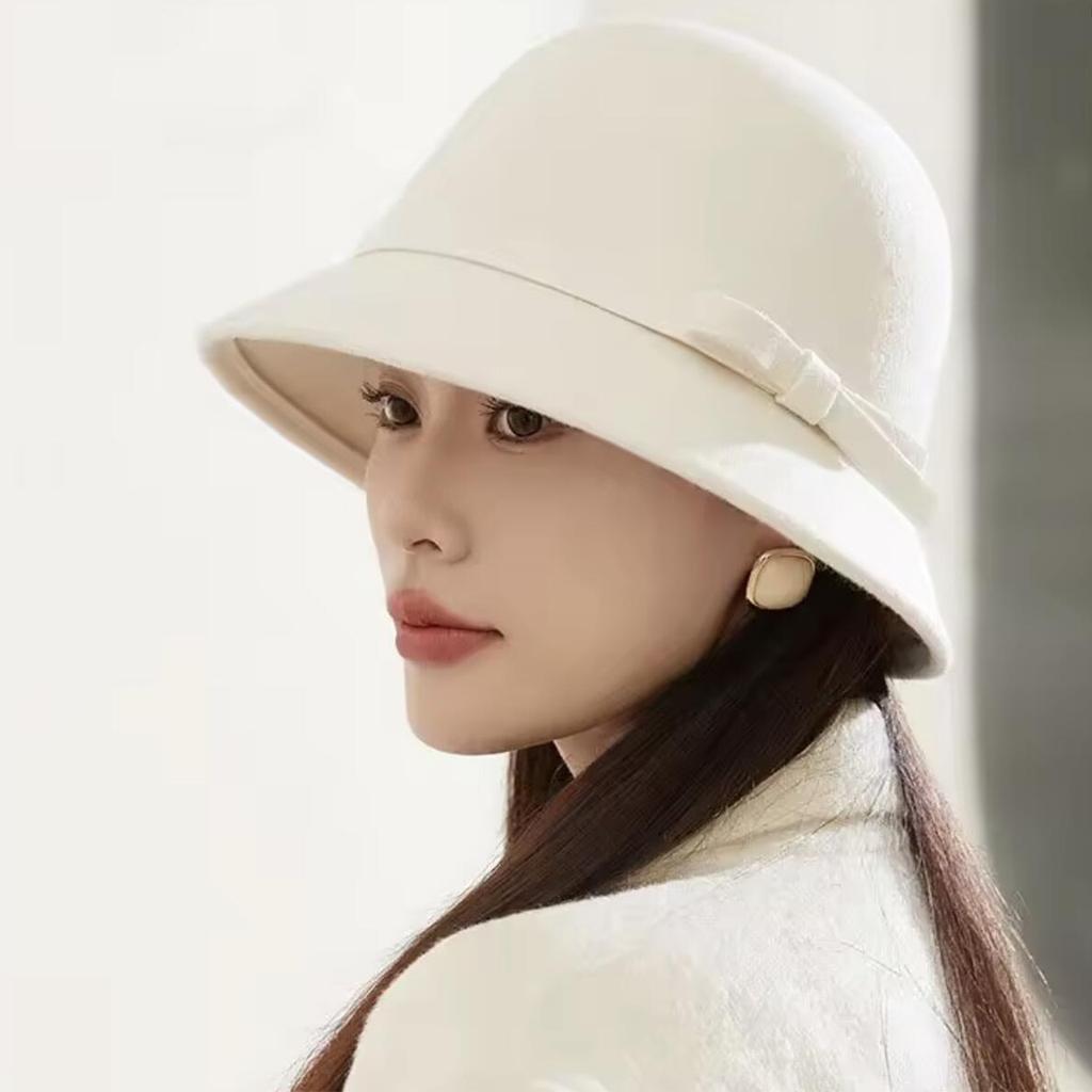 Elegant Women Felt Dome Bucket Hat Vintage Bowknot Fedoras Hats Autumn Winter Ladies Imitation Woolen Bowler Cap