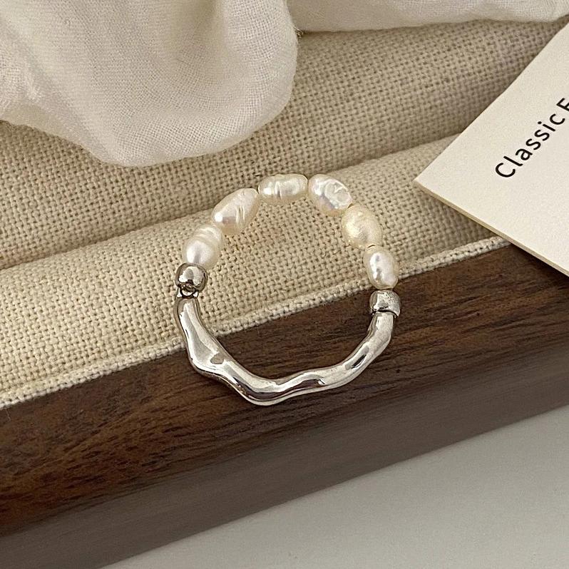 PONYKISS  Sterling Silver Freshwater Pearl Elastic Rope Rings for Women Trendy Round Fine  Minimalist Accessories