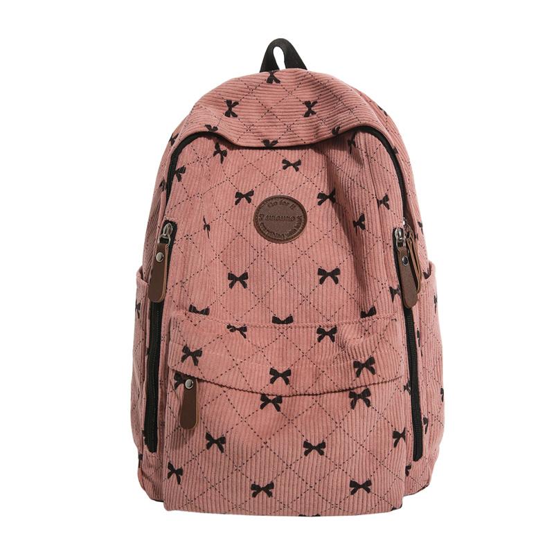 Cute Bow Print Corduroy Backpack for Women Casual Daypack Travel School Bag with Multi Pockets