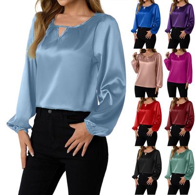 Camisa de Manga Larga para Mujer Top Holgado de Satén Encaje en Relieve Cuello Redondo Top Forrado de Seda
