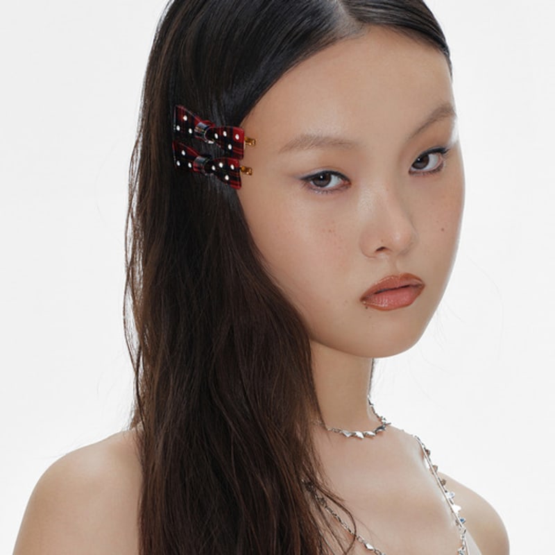 Eireve POLKA DOT BOW HAIR CLIP SET 2PCS (TARTAN CHECK)