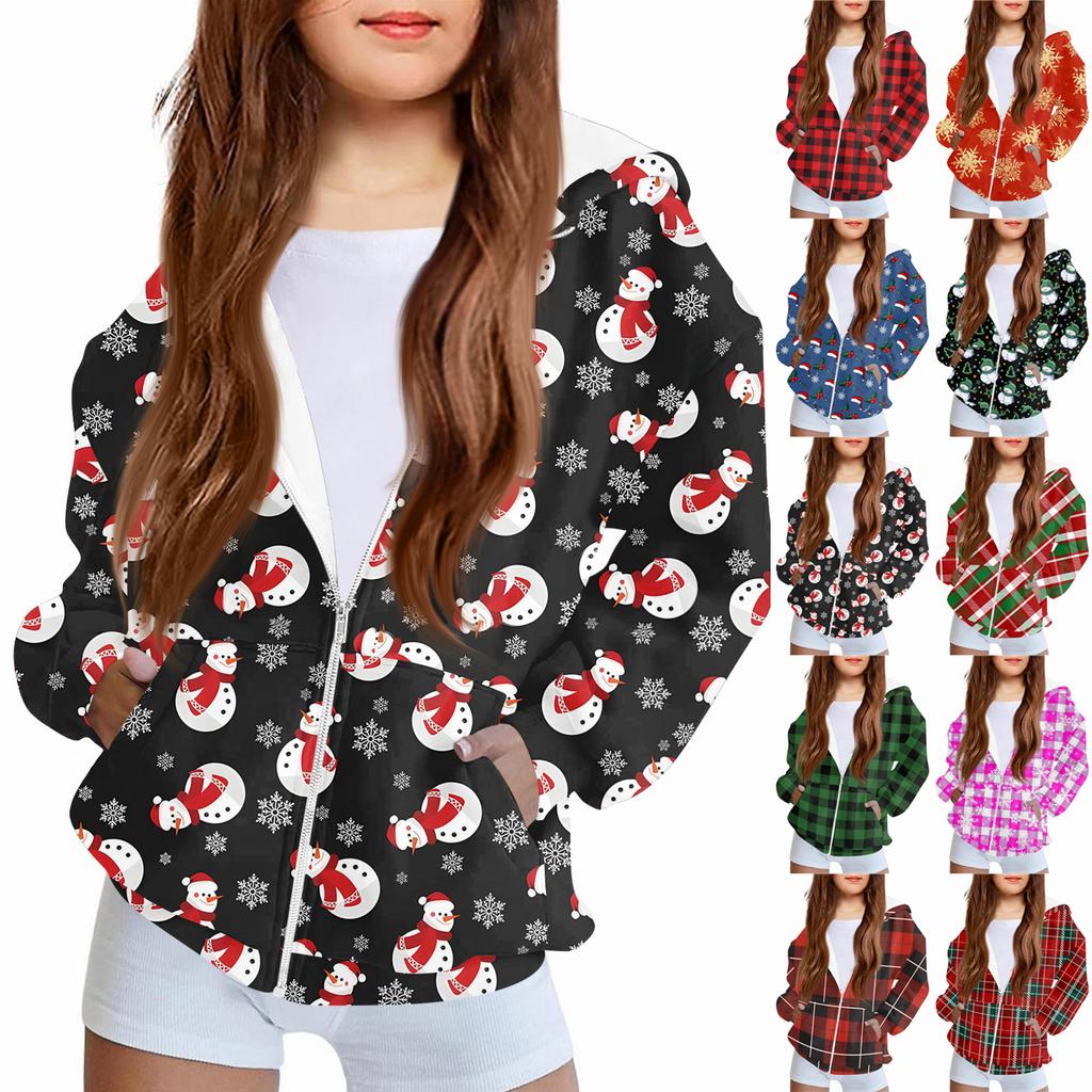 Children's Fashion Christmas Printed Long Sleeved Hooded Sweatshirt, Girls' Hoodie Jacket