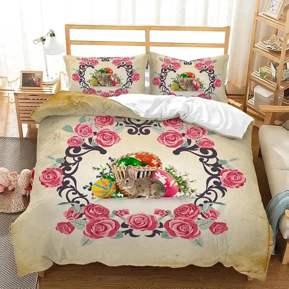 E-Easter Duvet Cover Set Single Twin Size Colorful E-Easter Eggs Nest Bunnies Theme Bedding Set Kids Boys Girls Polyester