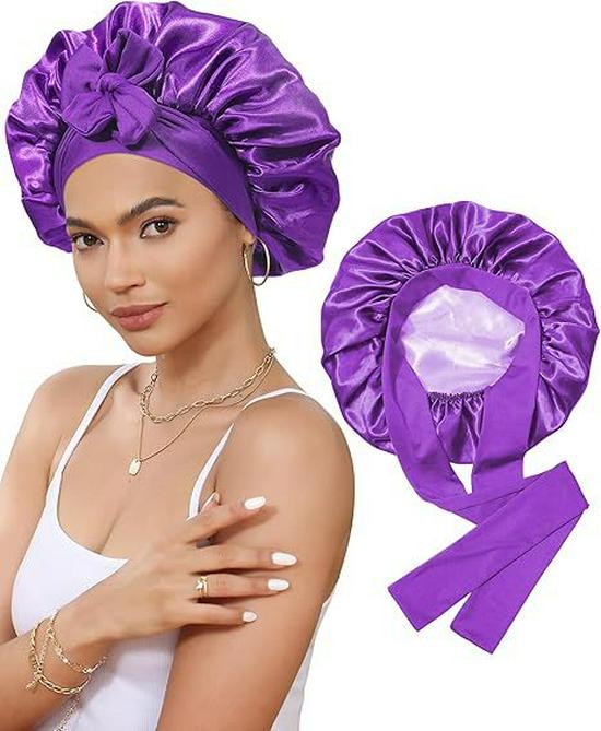 Doppellagige Satin-Schlafmütze mit Schleife, Hochelastischer breiter Rand, Damen Haar-Schal-Mütze