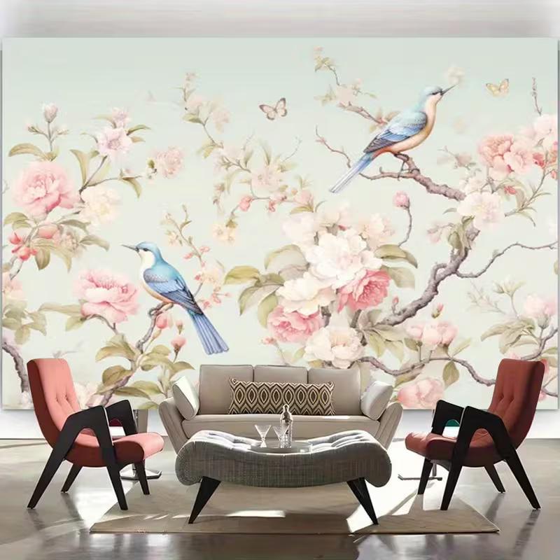 2D Romantic Floral Bird Backdrop Pastel Spring Nature Butterfly Wall Decor Background