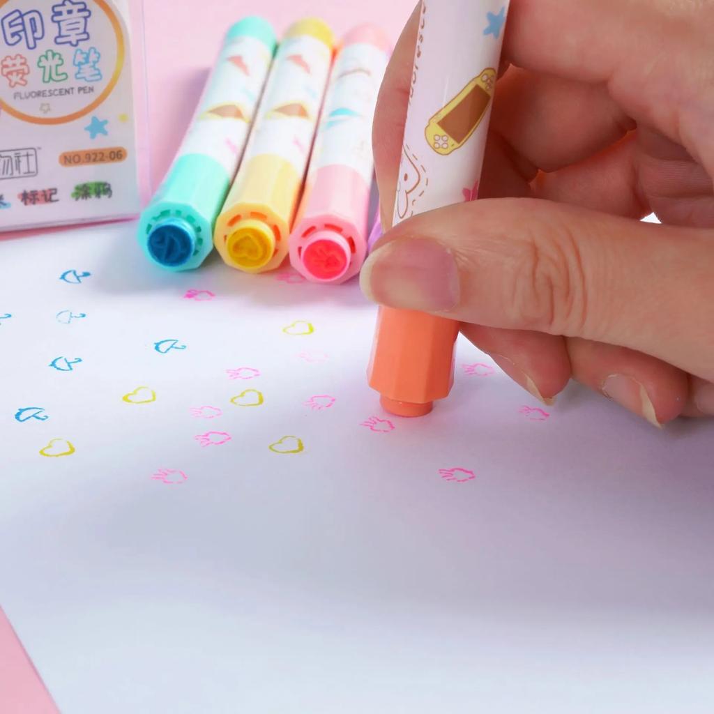 6Pcs/set Kawaii Heart Stamp Highlighter Charming Candy Colors Drawing Painting Art Marker Pen School Supplies Korean Stationery