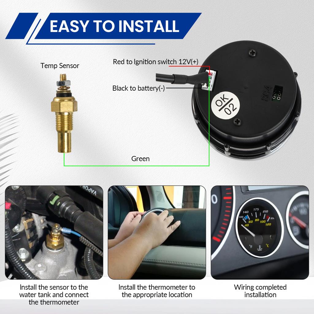 Universeller 2-Zoll-52-mm-Wassertemperaturmesser, mechanisches Messgerät mit 1/8-Zoll-NPT-Sensor, 7 Farben LED-Hintergrundbeleuchtung für Auto, Marine, Boot