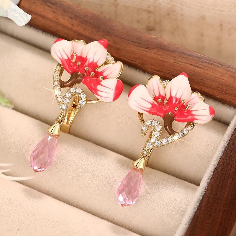 Huitan Design Doce de Flor Brincos Pendentes Femininos Estilo Fresco Acessórios Elegantes para Festa Joias Diárias Cravejados com Zircônia Cúbica Rosa Brilhante